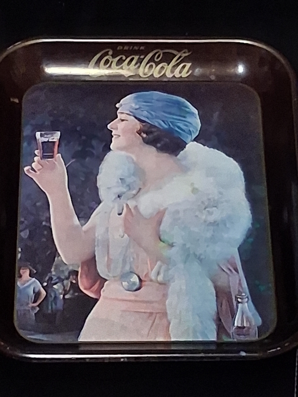 VNTG Coca-Cola Brown Tray Featuring Woman in Blue Headscarf and White Fur